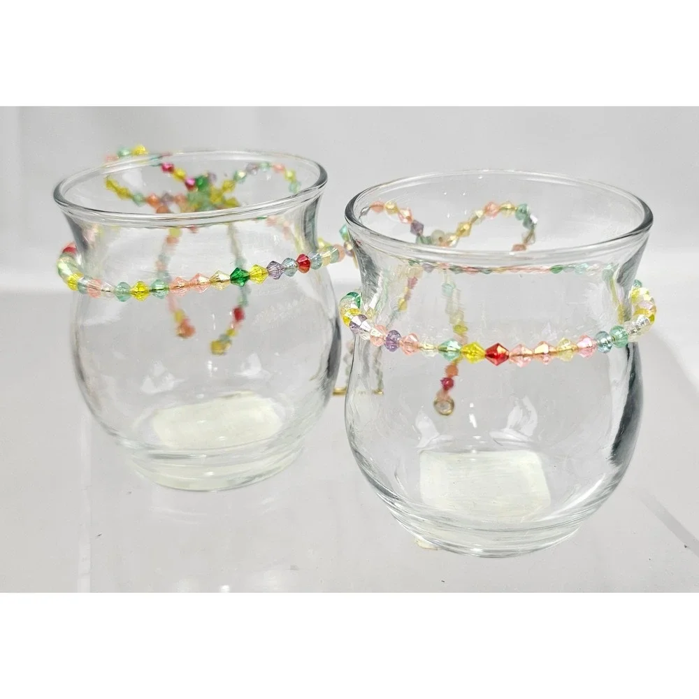 Anchor Hocking Clear Glass Votive Candle Holders Beaded Bow Set of‎ 2 88638 USA